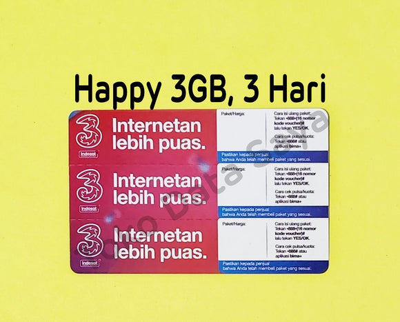 Voucher Kuota Data 3 / Three / Tri Happy 3GB, 3 Hari ( Promo )