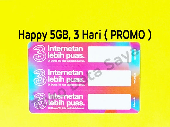 Voucher Kuota Data 3 / Three / Tri Happy 5GB, 3 Hari ( Promo ) NEW (6.5GB)