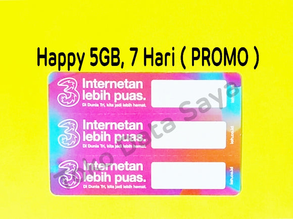 Voucher Kuota Data 3 / Three / Tri Happy 5GB, 7 Hari ( PROMO ) NEW TOTAL (6.5GB)