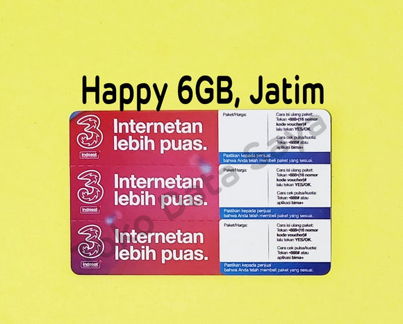 Voucher Kuota Data 3 / Three / Tri Happy 6GB, 5 Hari, NASIONAL