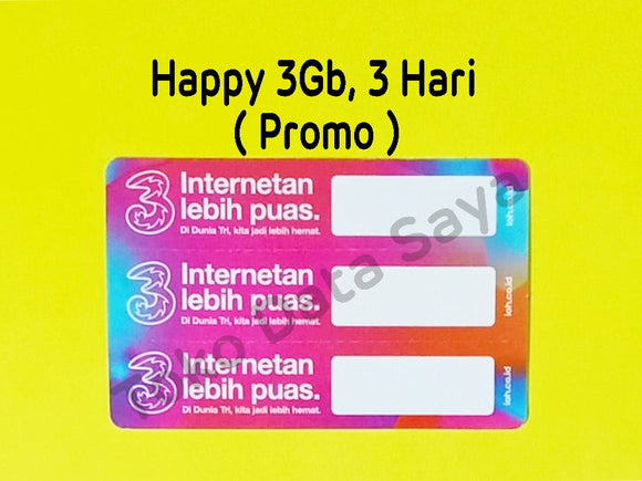 Voucher Kuota Data 3 / Three / Tri Happy 3GB, 3 Hari ( Promo )