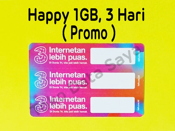 Voucher Kuota Data 3 / Three / Tri Happy 1GB, 3 Hari (PROMO) NEW total (1.5GB)